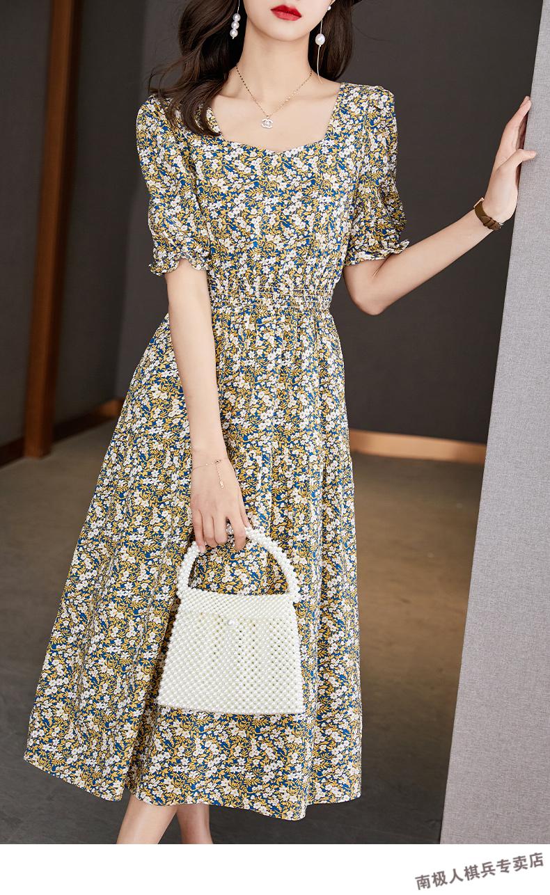 南极人轻奢高档女装雪纺印花连衣裙女2021年新品短袖小碎花夏季收腰