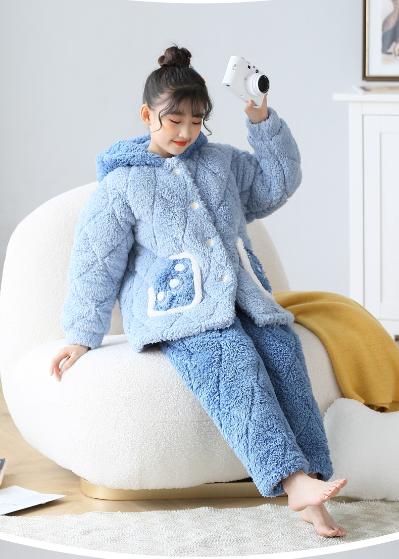 噜噜牛冬季儿童睡衣女童珊瑚绒加厚款三层夹棉女大童保暖家居服81214