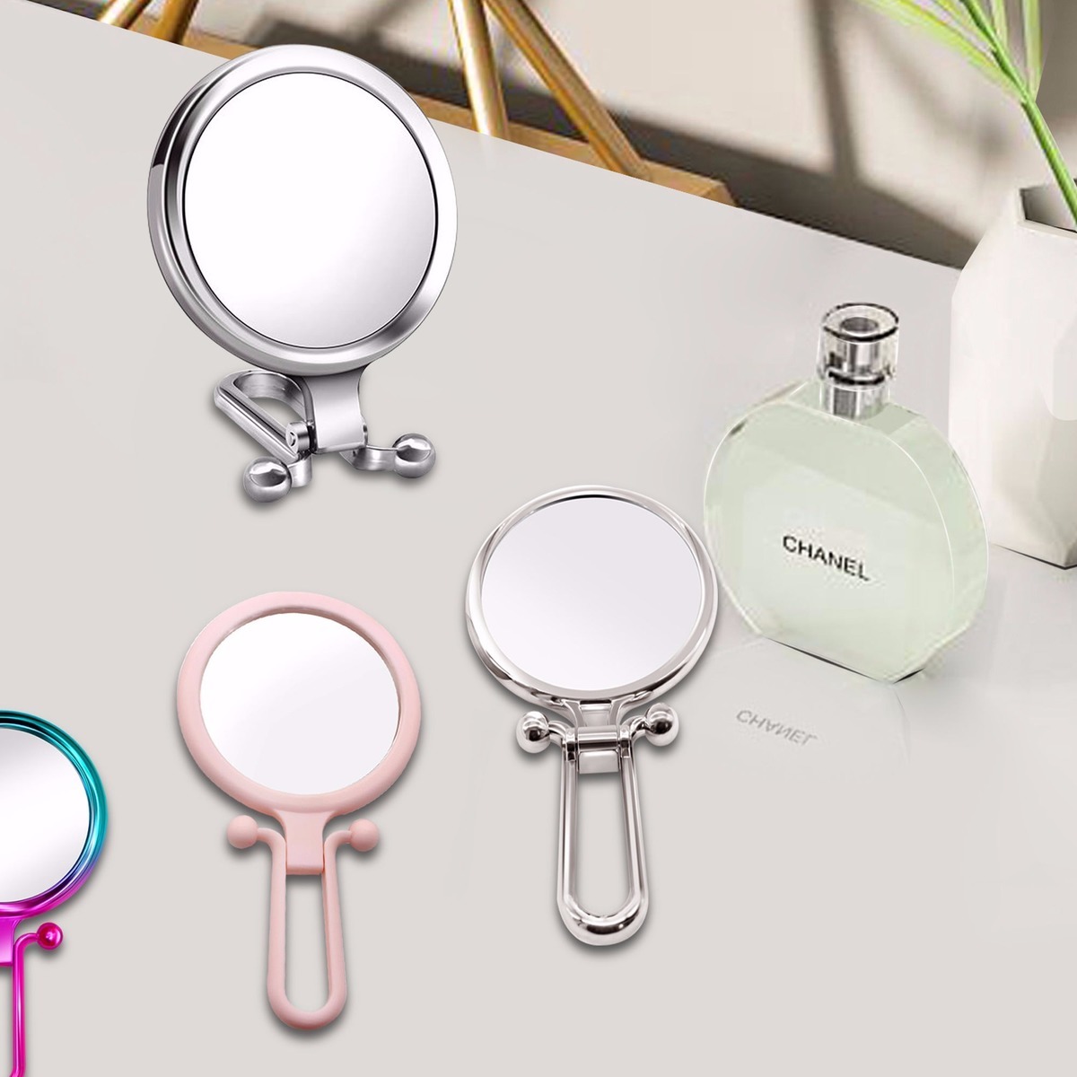 莱杉网红化妆镜迷你双面小镜子便携折叠包包女电镀10倍镜学生宿舍银色