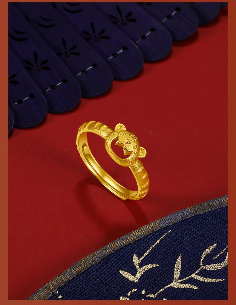 虎头戒子萌虎戒可调节生日节日礼物圣诞节老虎戒指金约33g34g可调节