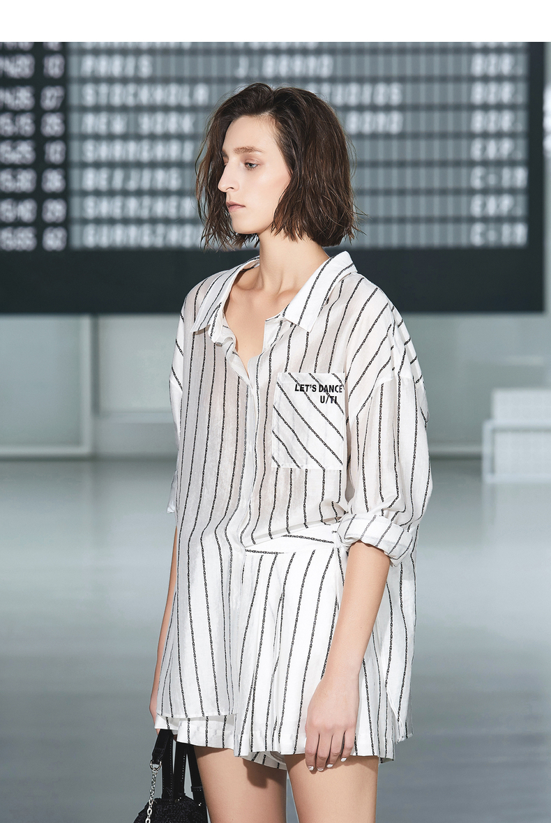 uti尤缇2021夏季翻领长袖轻薄舒适休闲条纹女式衬衫上衣 条纹 34/155