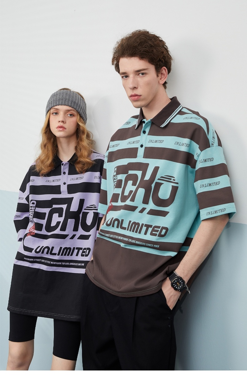 ecko犀牛潮牌2022夏季新款时尚街头logo撞色条纹复古美式polo衫男女