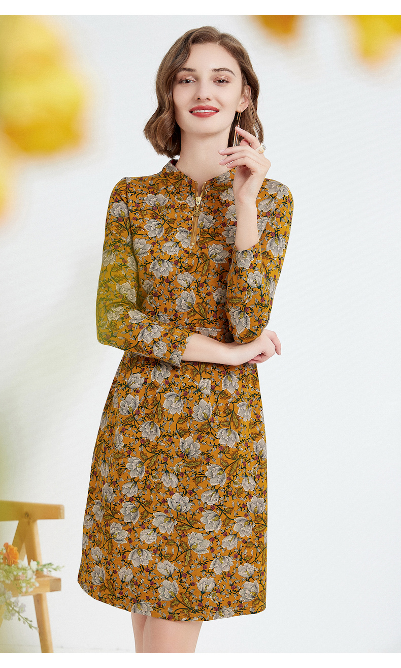 沐兰针织连衣裙2022早春新款女士宫廷风奢华别致印花复古黄杏花38m