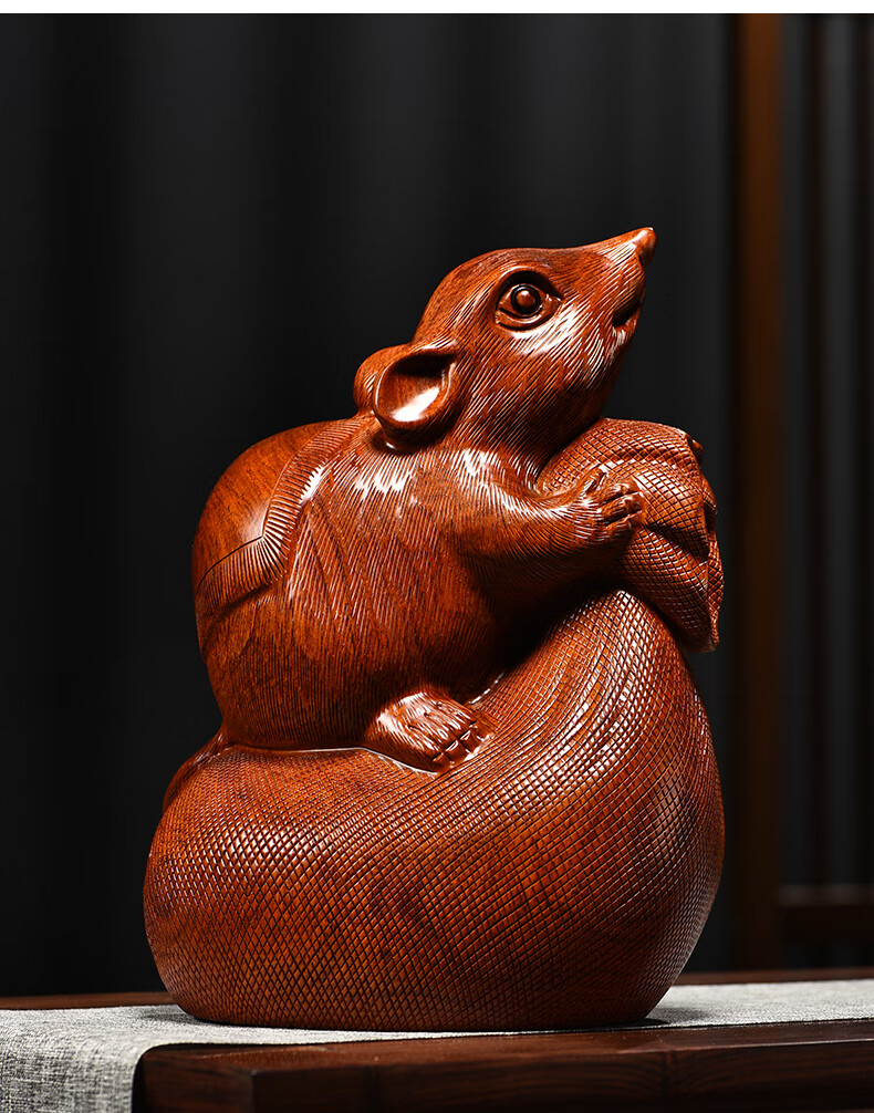 福渊阁木雕摆件老鼠实木头雕刻动物生肖新居客厅办公司好友生日工艺