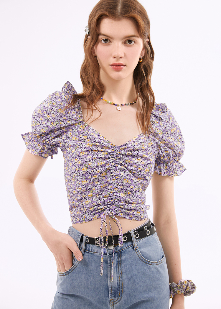 【v&a联名】乐町2021春夏抽绳碎花泡泡袖短款v领小上衣c1cdb2402