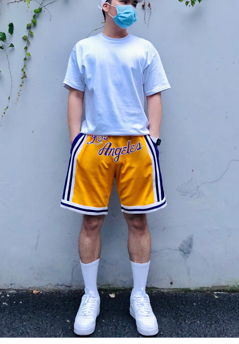 (guijiaoer)湖人队洛杉矶刺绣篮球短裤复古美式训练过膝五分裤跑步