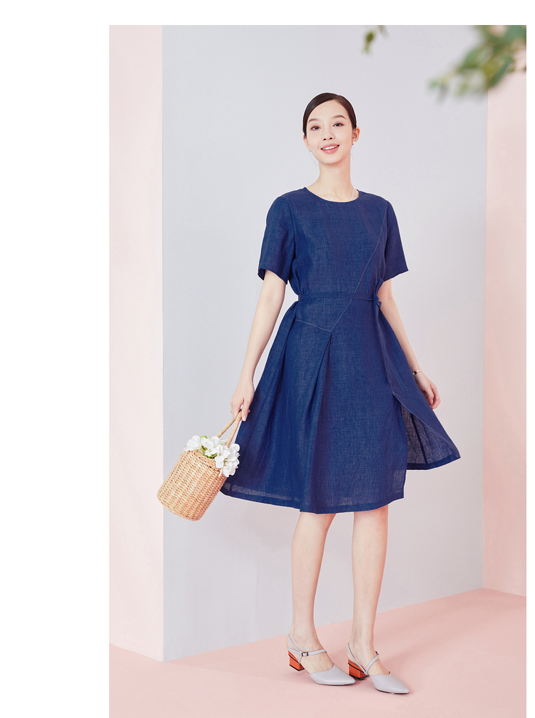 布景连衣裙女夏舒适亚麻季新品圆领短袖撞色车线不规则中长裙 蓝染 m