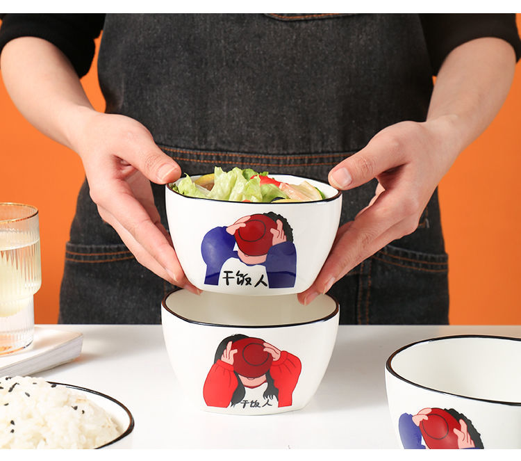 干饭人碗瓷碗勺情侣学生日式卡通网红可爱少女心陶瓷碗勺筷家用 干饭