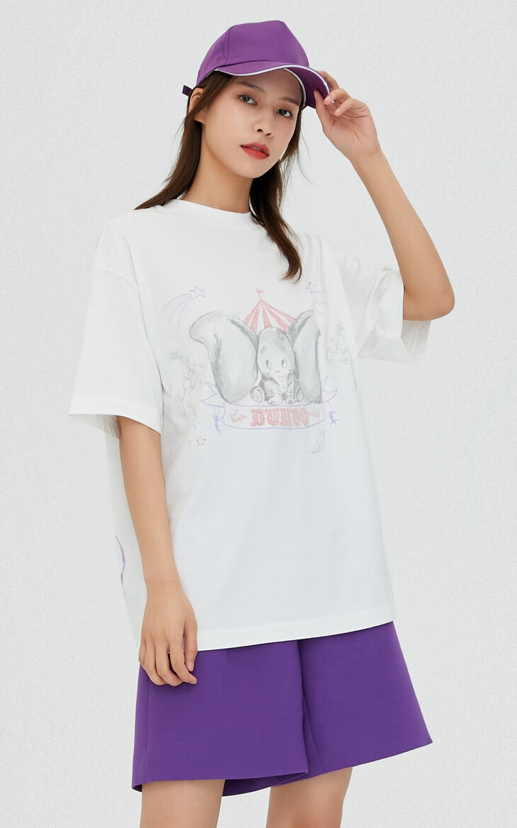 only春季新款迪士尼小飞象联名卡通图案印花t恤女121301039c21藕荷色