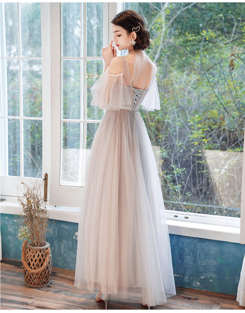 仙气学生2021新款中长款伴娘服18岁结婚主持人圆领露肩款长裙xs7085斤