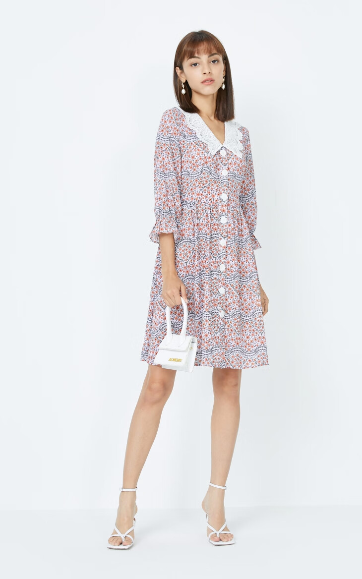 vero moda秋季新款复古田园翻领碎花七分袖连衣裙32037c024 c13卡其色