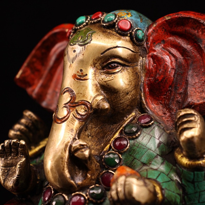 铜人艺巷尼泊尔工艺全铜手工镶嵌宝石彩绘象鼻财神铜像家居店铺会所