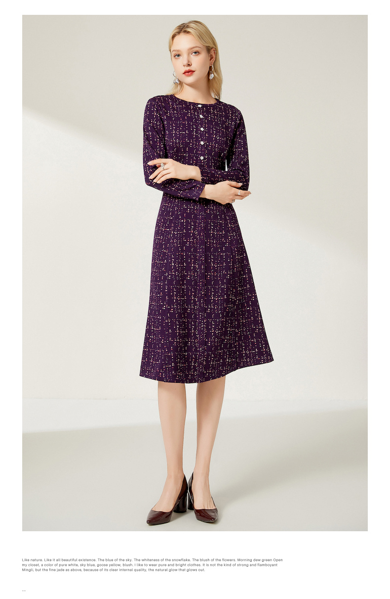 沐兰优雅名媛连衣裙2021冬季新款女士职场风圆领修身加厚中长款紫纹42