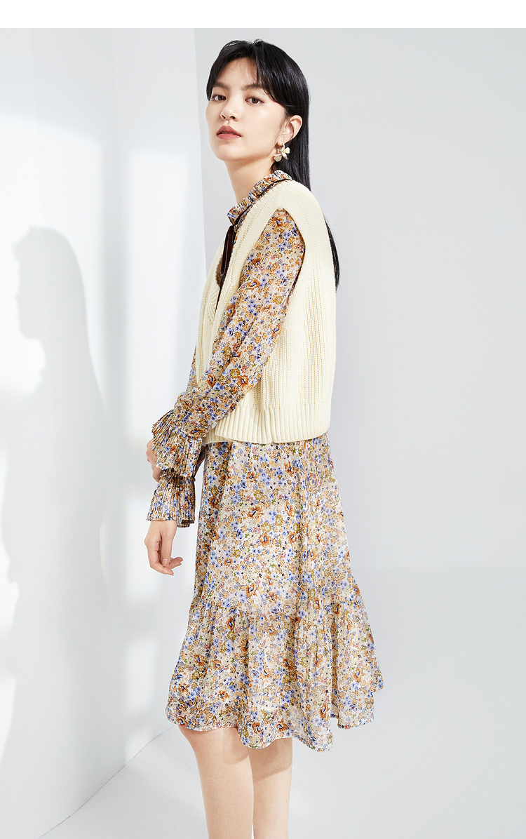 伊芙丽宫廷式碎花连衣裙2021夏新款甜美系带显瘦雪纺荷叶边裙子女