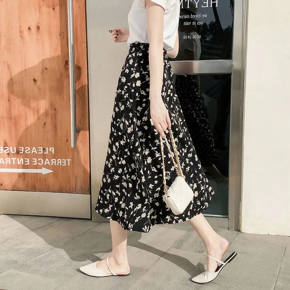 雪纺碎花半身裙长裙夏季2021新款百搭高腰显瘦a字碎花裙子小个子米