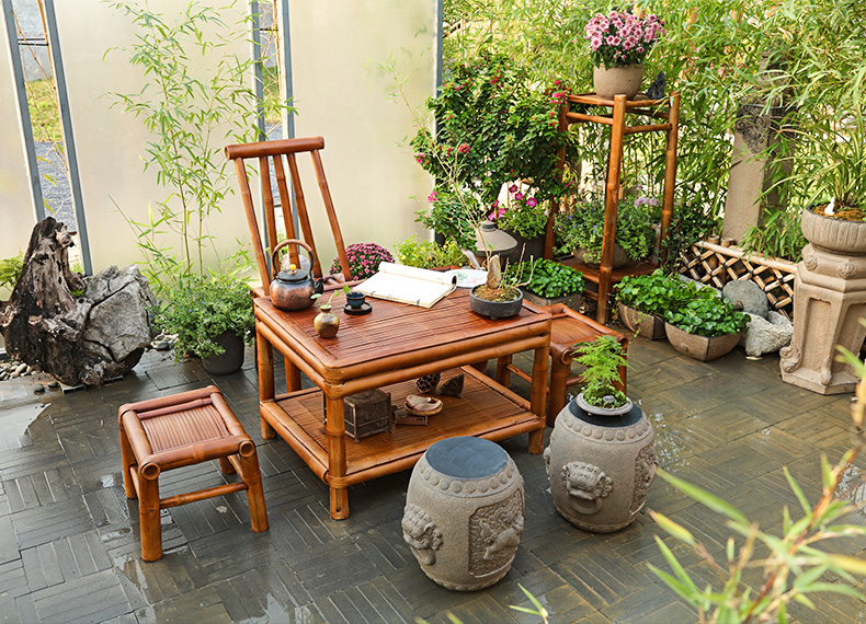 汉韵堂新中式庭院桌椅套件户外手工编织竹制家具花园休闲茶几组合竹凳