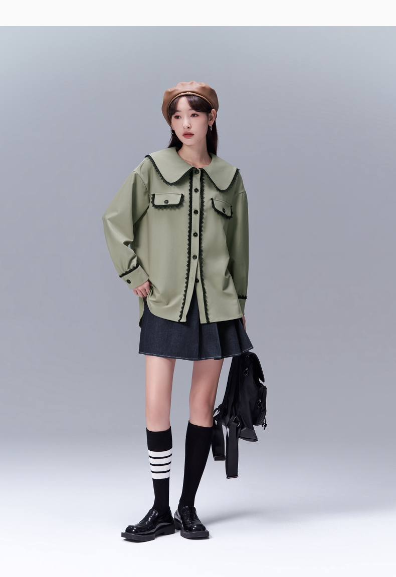 toyouth初语橄榄绿外套女2022春季新款娃娃领蕾丝边拼接撞色上衣橄榄