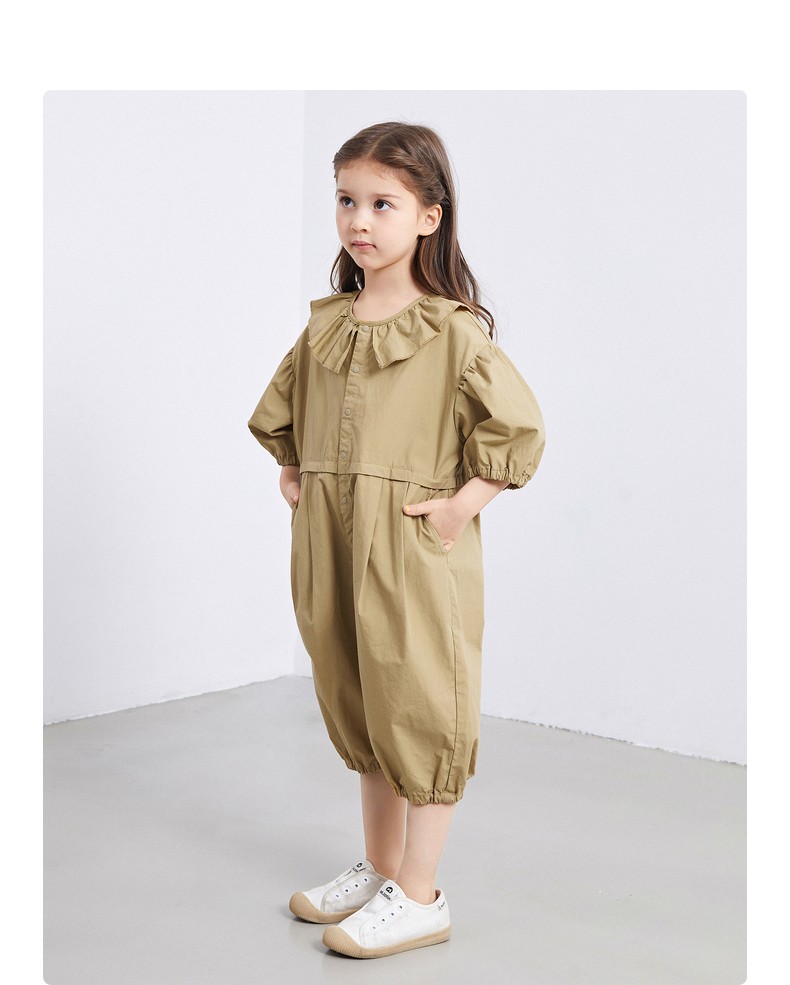 马拉丁童装女大童连体衣套装2021夏装新后背印花荷叶领中袖连体装粉桔