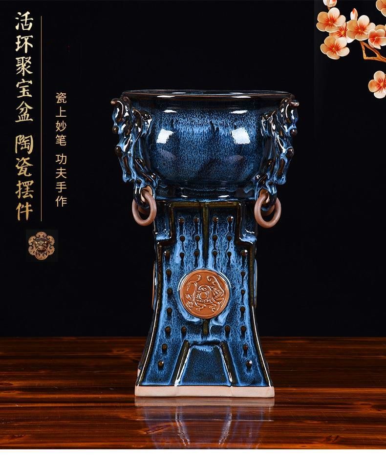 神垕钧瓷玄关花瓶摆件家居装饰瓷器中式桌面钧窑变聚宝盆 窑变一高34.