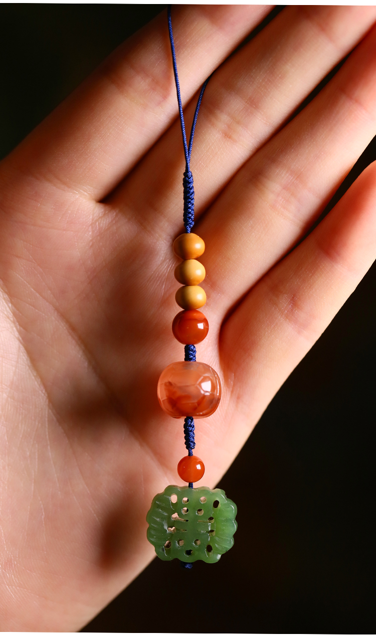 珍韵缘汽车钥匙扣挂件手机挂链精品佛珠转运珠和田玉碧玉福字连囍