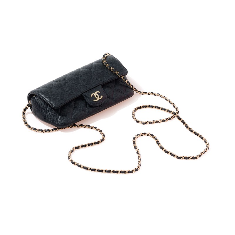chanel香奈儿女士经典链条眼镜盒单肩斜挎包黑色颗粒压花亮面小牛皮