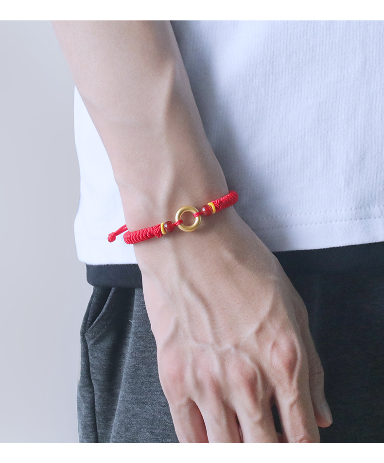 老凤凰999足金平安扣男士手链足金编织手绳红绳乾坤圈黄金同心圆生日