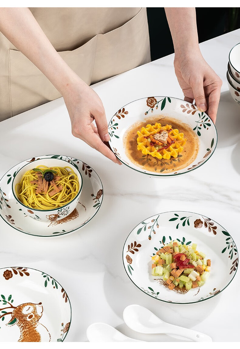 尚行知是 日式卡通碗碟套装陶瓷碗筷子盘子家用餐具套装釉下微波炉适用 4个装5.5英寸面碗