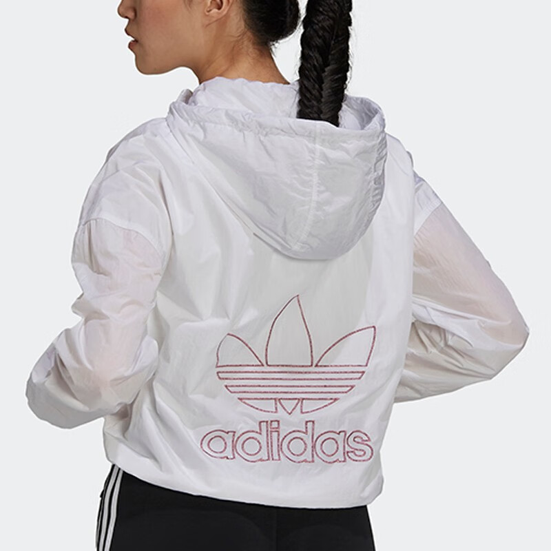 adidas阿迪达斯三叶草外套女防晒衣白色连帽刺绣运动上衣宽松轻薄连帽