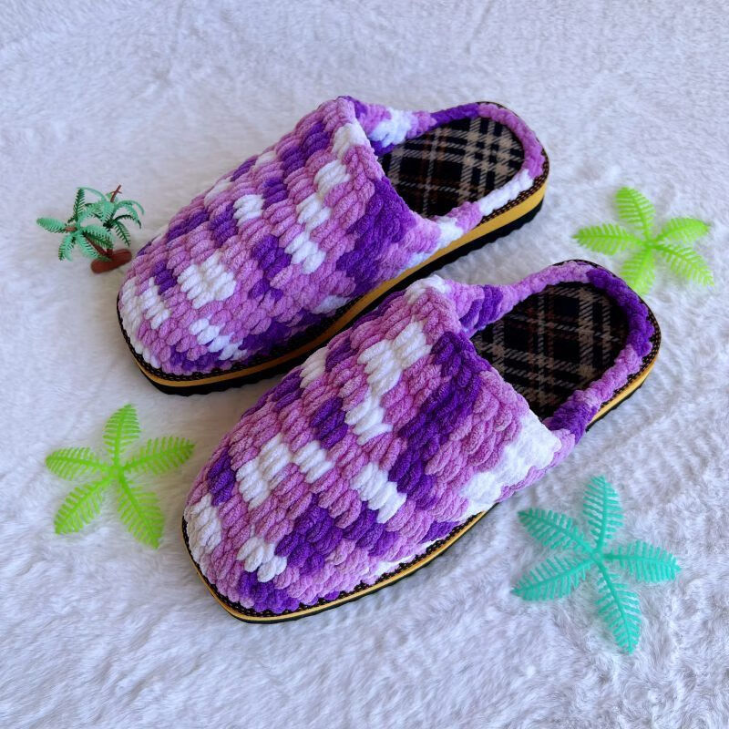 奇尚卓 毛线拖鞋纯手工勾冰条线居家成品毛线拖鞋 保暖加厚 深蓝花(不
