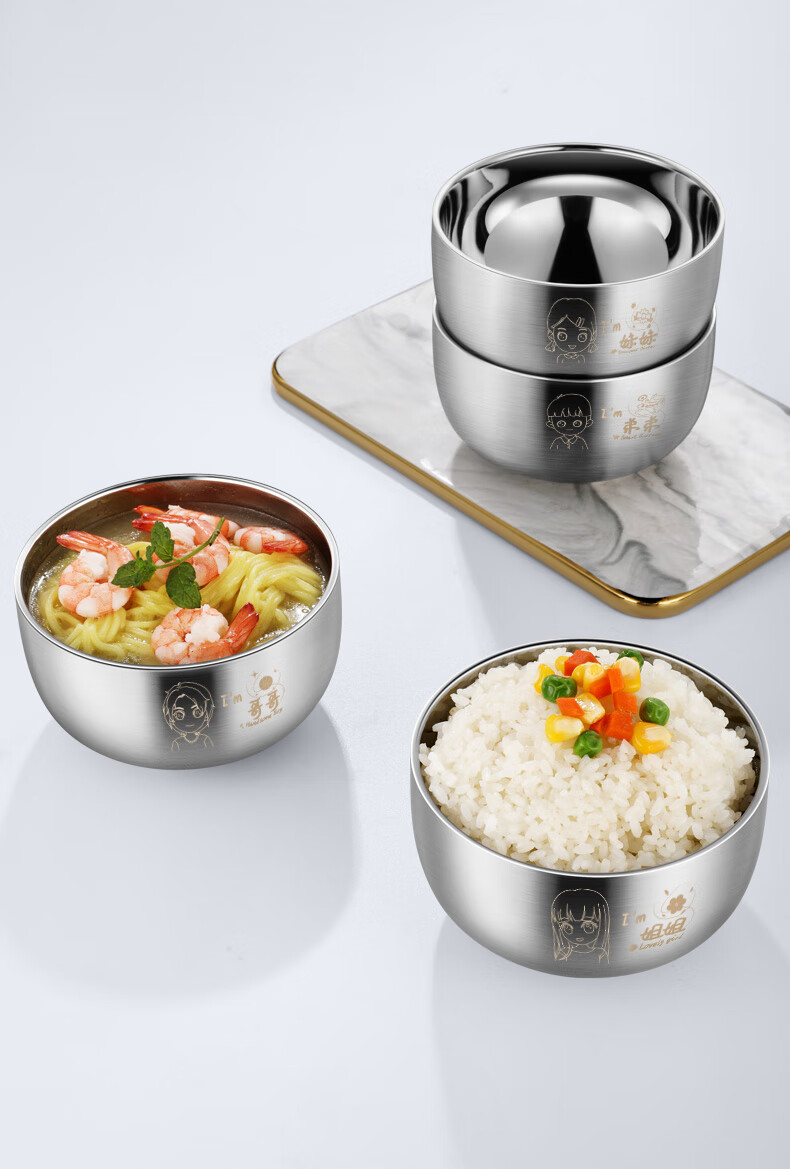瓷语本色亲子碗一家四口家用套装不锈钢碗304食品级儿童碗饭碗防摔防