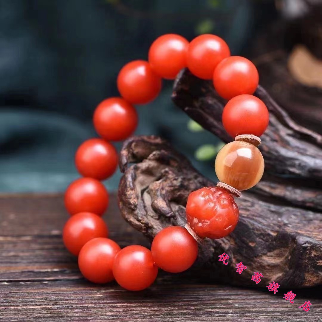 天然保山南红圆珠手串手链樱桃红玛瑙男女款民族风佛教七宝之一15mm67