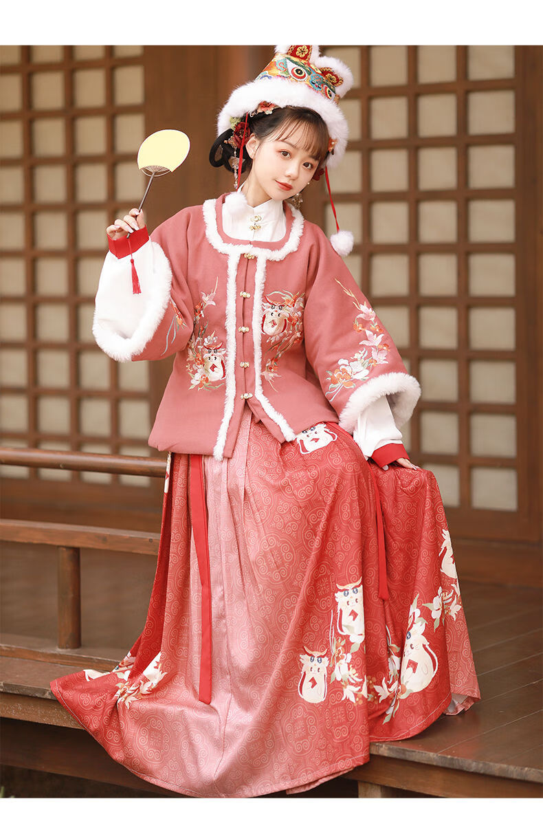 拜年汉服女加厚加绒半袖披袄短袄明制立领古风套装中国风古装学生新年