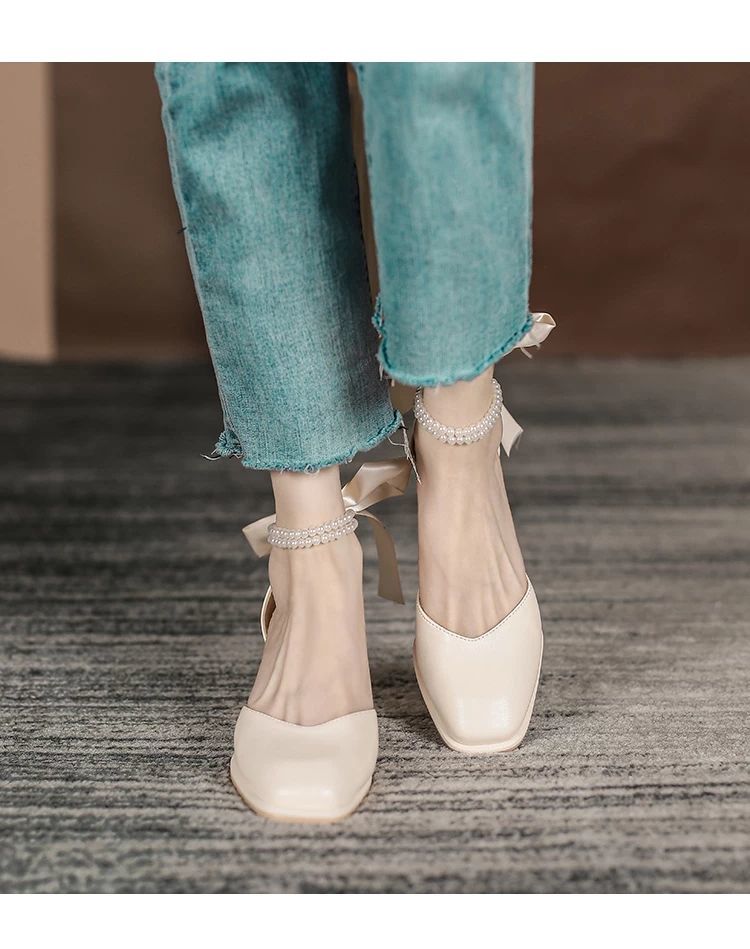 玛丽珍女鞋绑带高跟鞋女夏季法式粗跟包鞋女温柔风黑色单鞋35