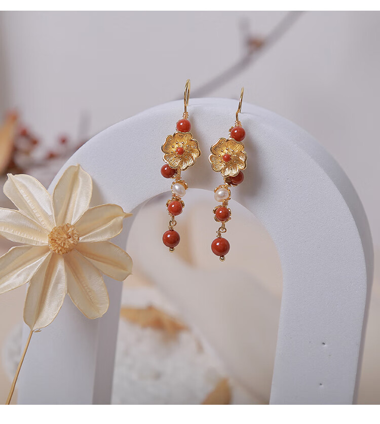 帛灵《花千树》汉服古风耳环红色流苏中式配旗袍女耳坠中国风长款耳饰