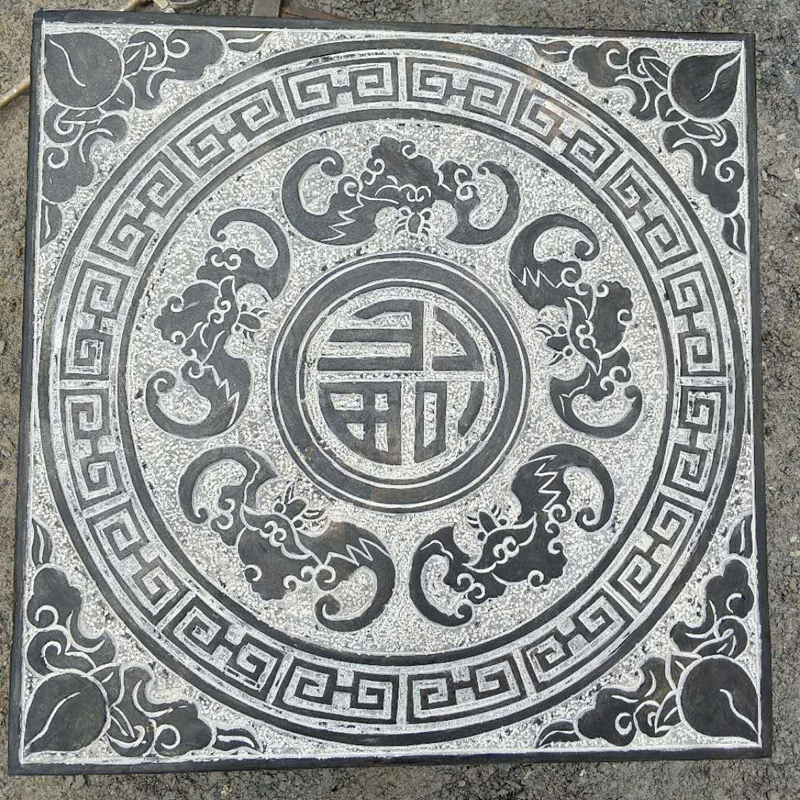 石雕浮雕板青石壁画荷花鱼地雕五福临门踏步石铺路地铺背景墙定制直径