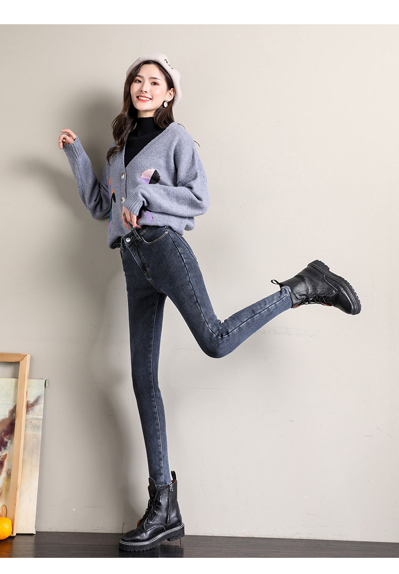 高腰牛仔裤女显瘦百搭韩版学生弹力紧身加绒加厚冬铅笔小脚裤子女 蓝