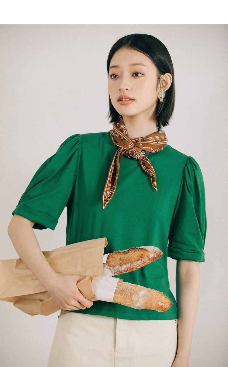 茵曼梨涡复古文艺2021夏装新款孔雀绿纯色短袖t恤泡泡袖复古百搭【f