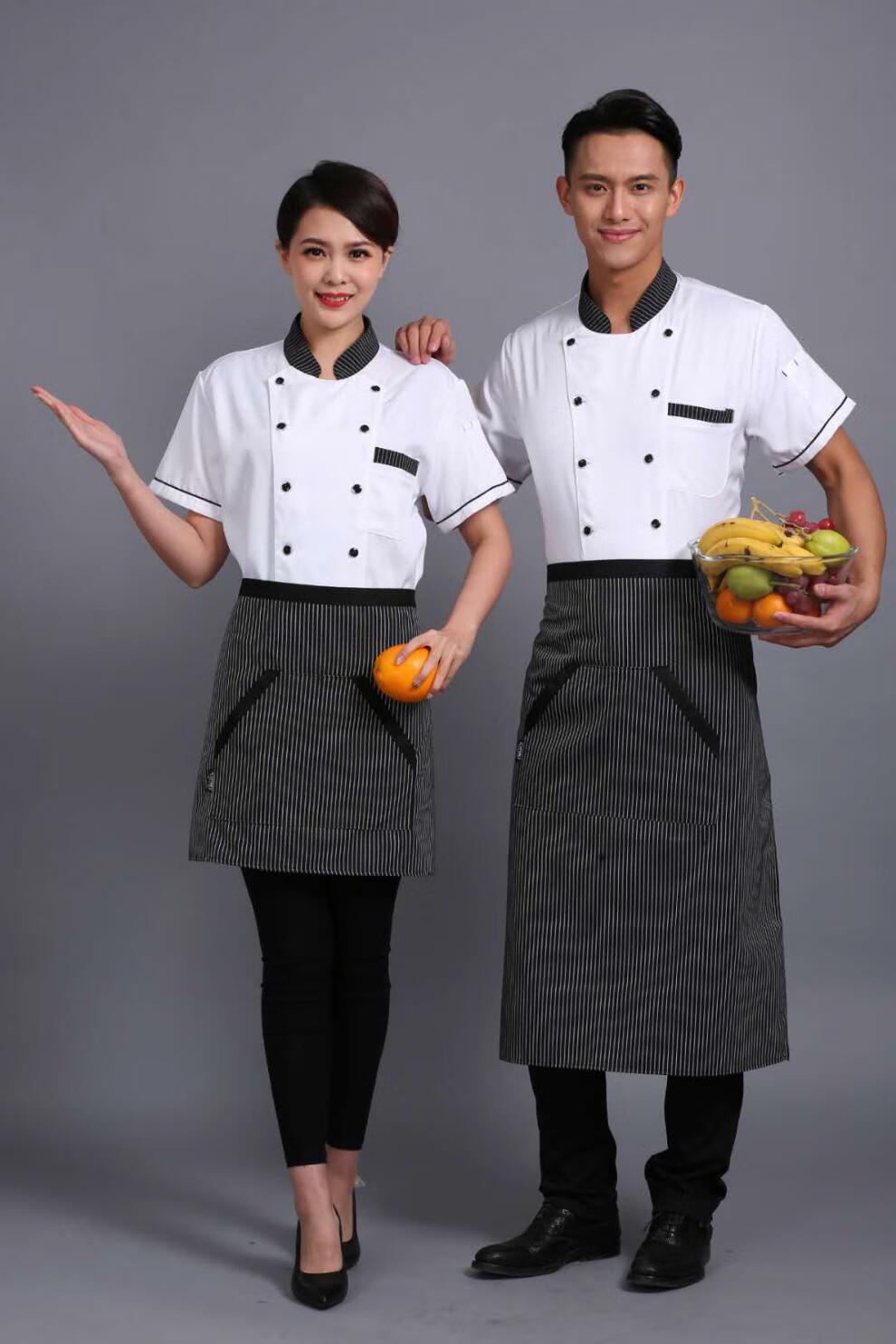 迪牧欧厨师服短袖黑色条纹领后背加网透气夏季时尚厨房帮工后厨均可