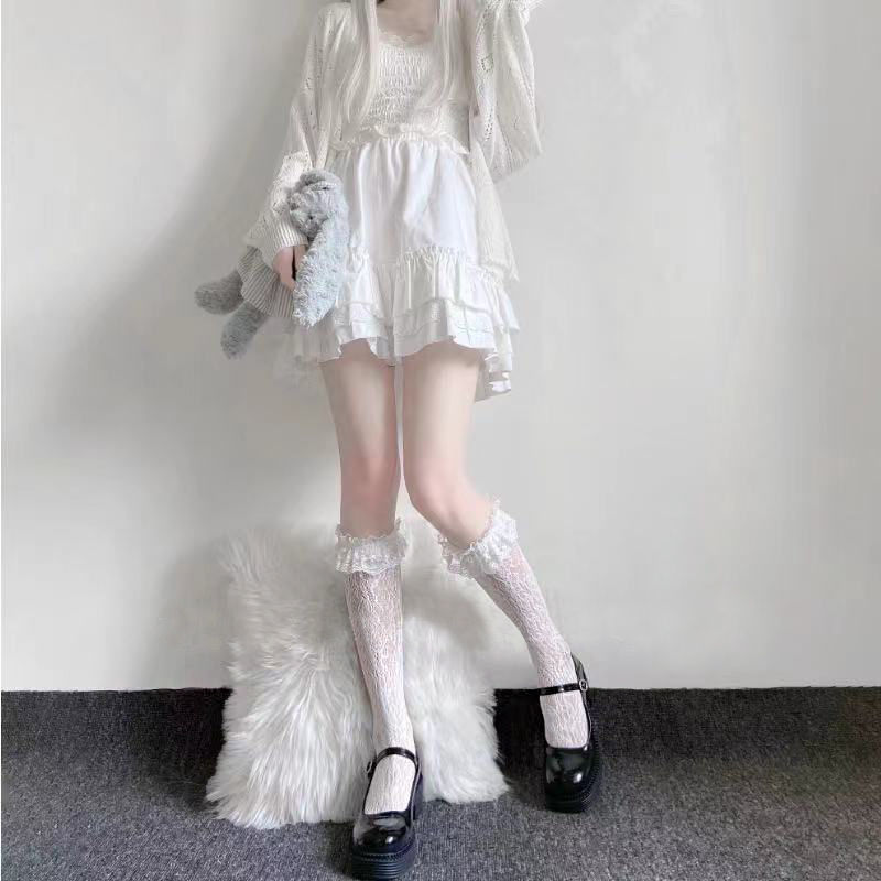 白色蕾丝小腿袜jk日系欲镂空袜夏季薄款可爱过膝少女丝袜蕾丝小腿白色