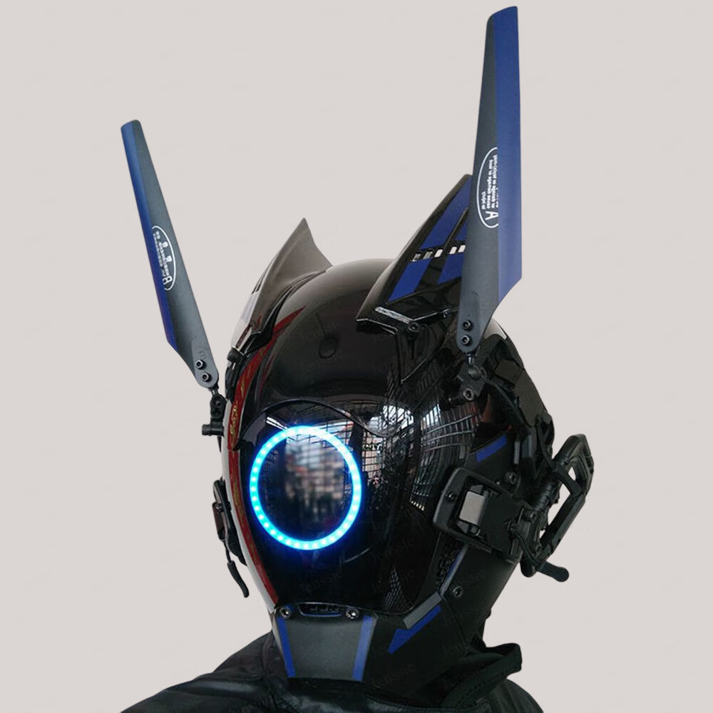 赛博朋克头盔暗黑武士赛博朋克机械面具头盔蓝色光圈音乐会演出个性