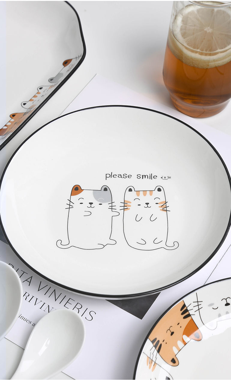北欧卡通猫咪陶瓷早餐盘菜盘子简约创意ins汤盘深盘碟子餐具 8英萌猫