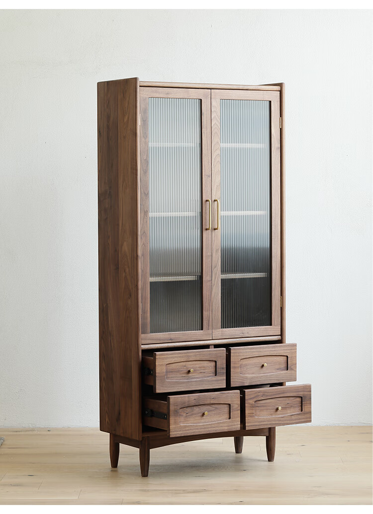 梵叙北欧全实木书柜简约现代黑胡桃木展示柜日式玻璃门收纳书橱黑胡桃