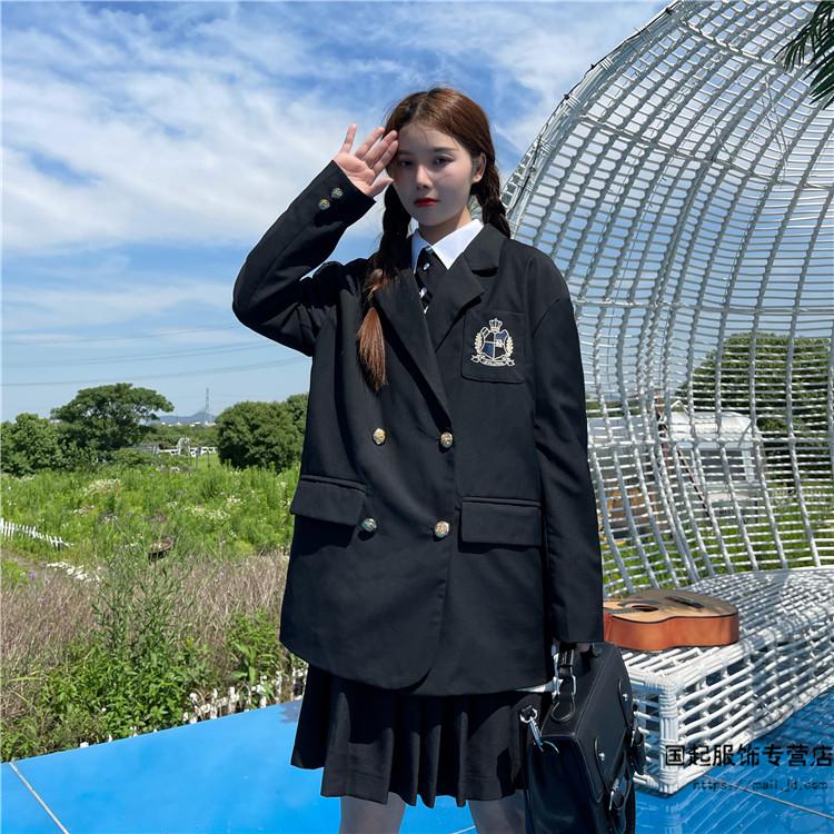 dk制服男女双排扣西装宽松休闲2021年新款学生jk套装外套情侣秋季 黑