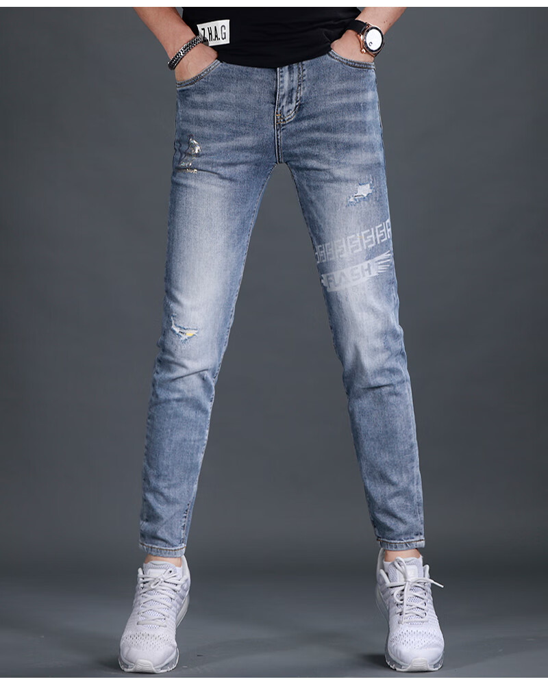 lrngeroa潮牌 男士印花牛仔裤男潮牌2021新款春秋季修身小脚潮流裤子