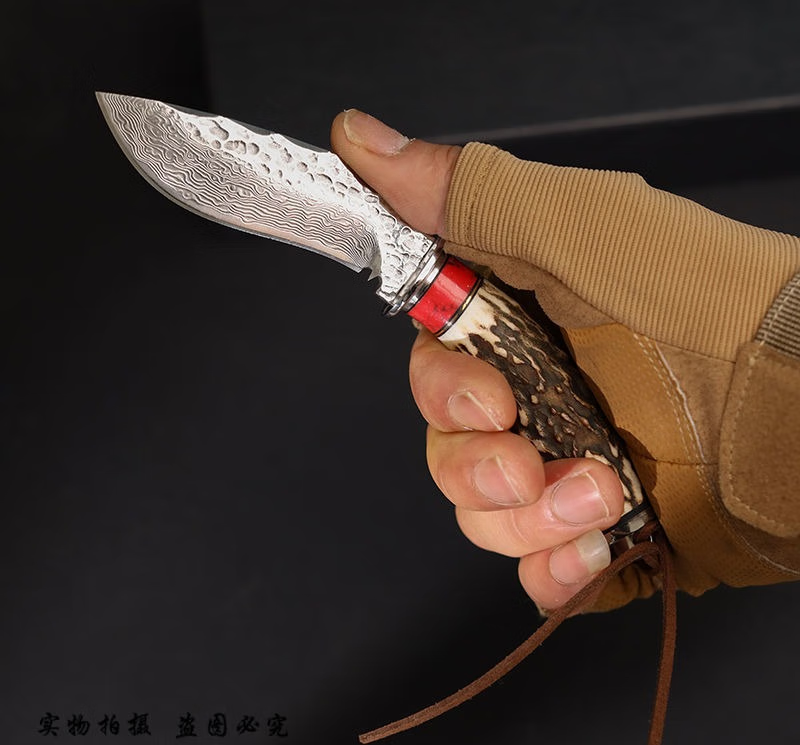 西藏短刀 蒙古小刀vg10大马士革网红吃肉刀鹿角小镶红宝石水果刀 红彩