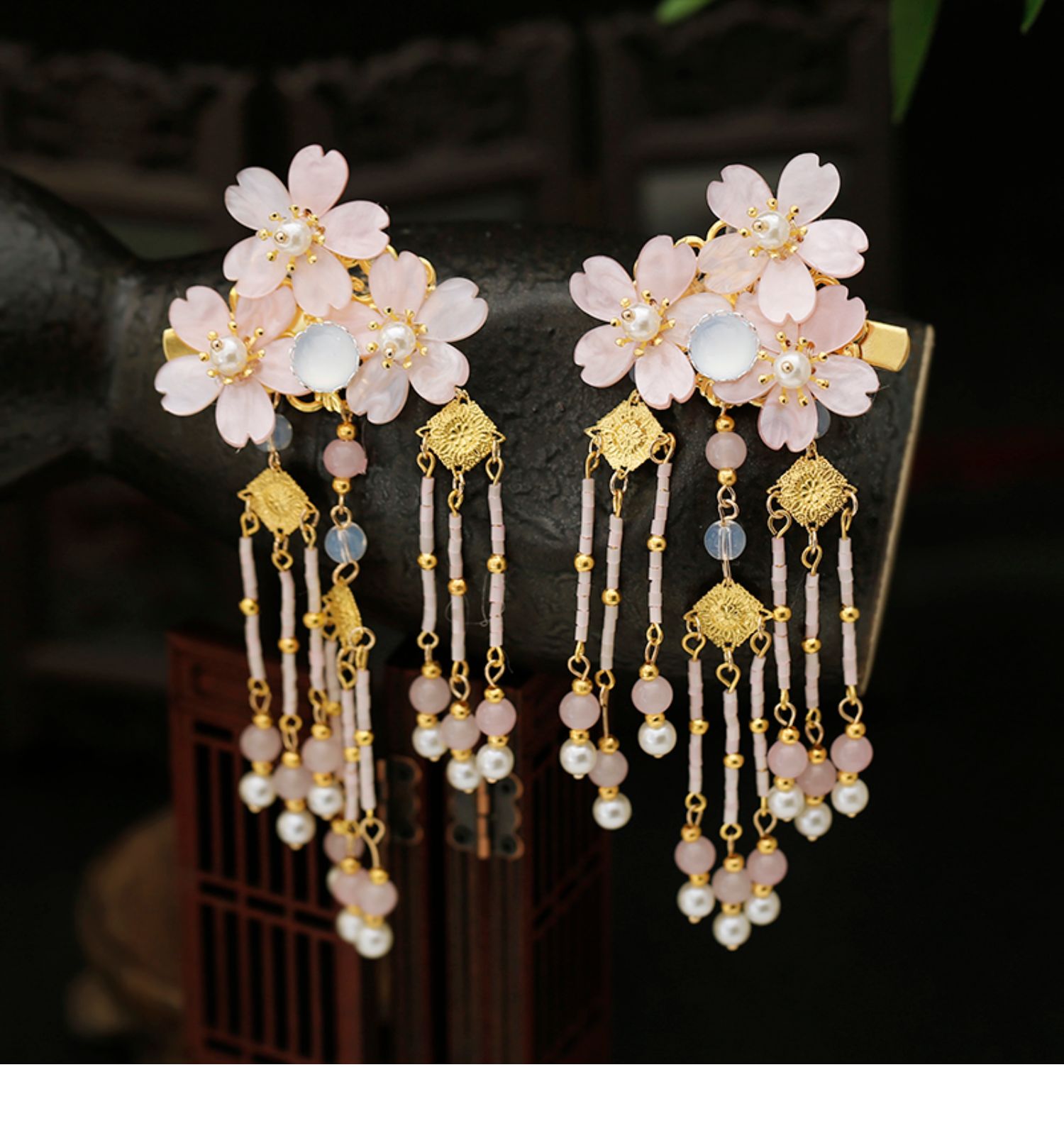 古风汉服头饰花朵边夹流苏步摇超仙唯美发夹对夹古装少女发饰配饰