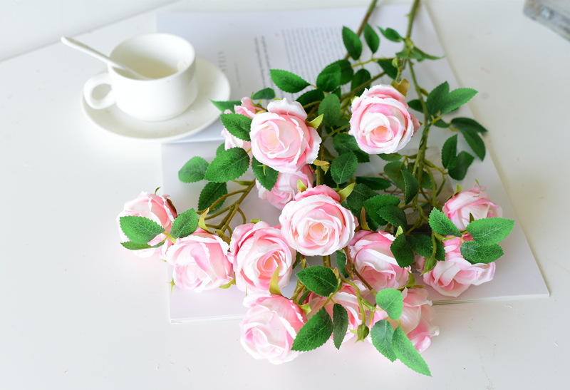 田园仿真玫瑰花 客厅装饰假花餐桌单支花束 干花摆件塑料插花摆设 浅