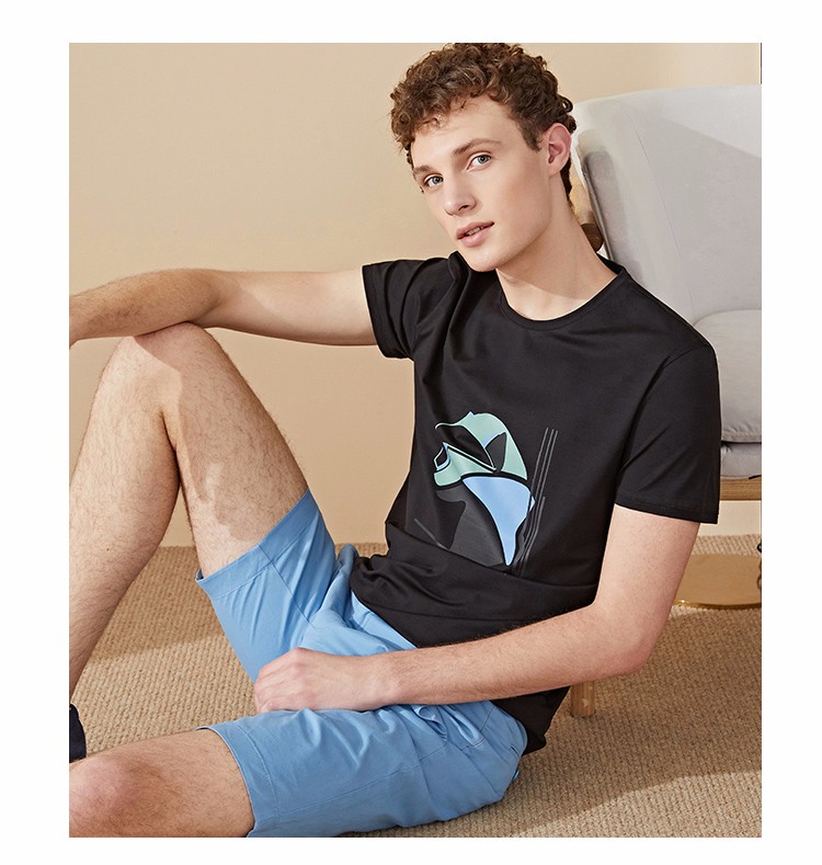 lampo/蓝豹新品男士夏季时尚休闲印花豹子棉弹圆领短袖t恤衫 黑色xb