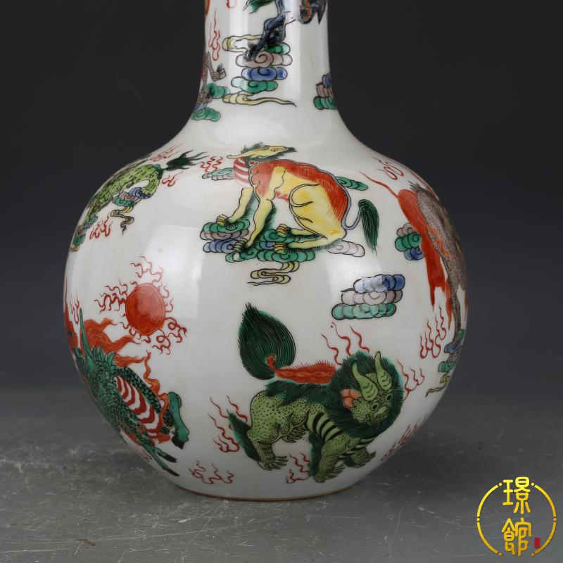 璟馆收藏品陶瓷手工艺品大清康熙五彩麒麟纹天球瓶包大花瓶旧货老货