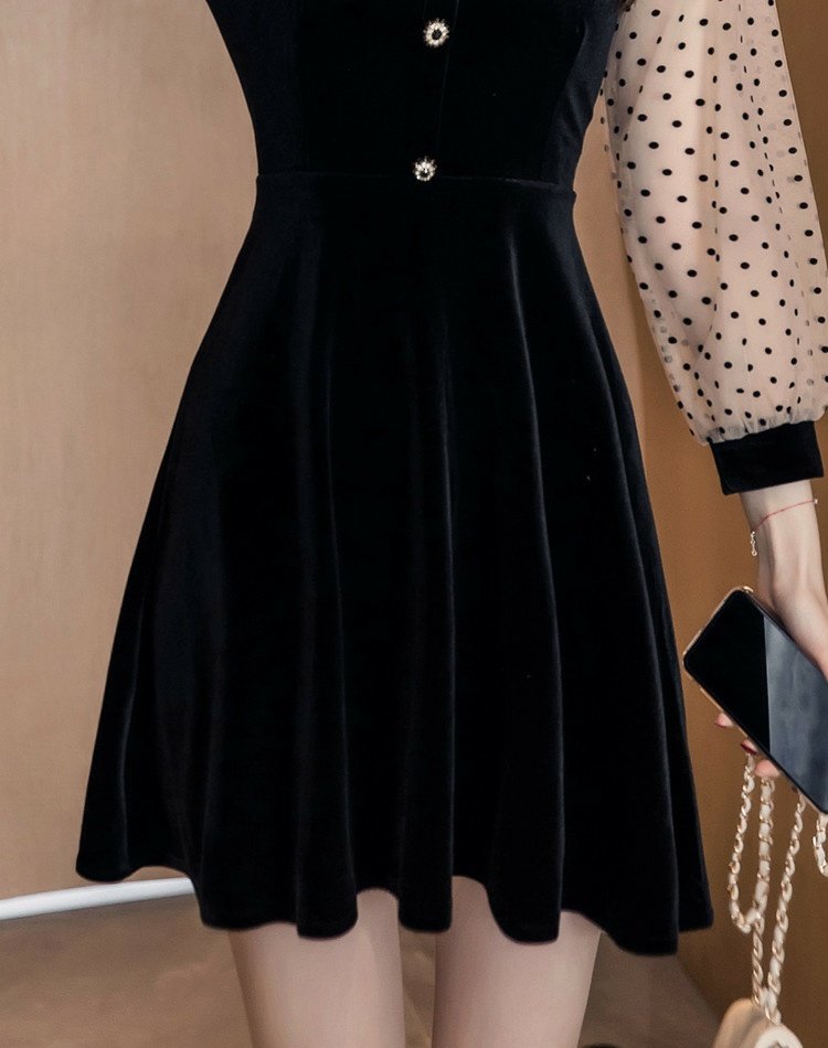 黑色 s商品名称:丝绒蓬蓬裙女秋冬装气质收腰显瘦波点拼接轻熟风